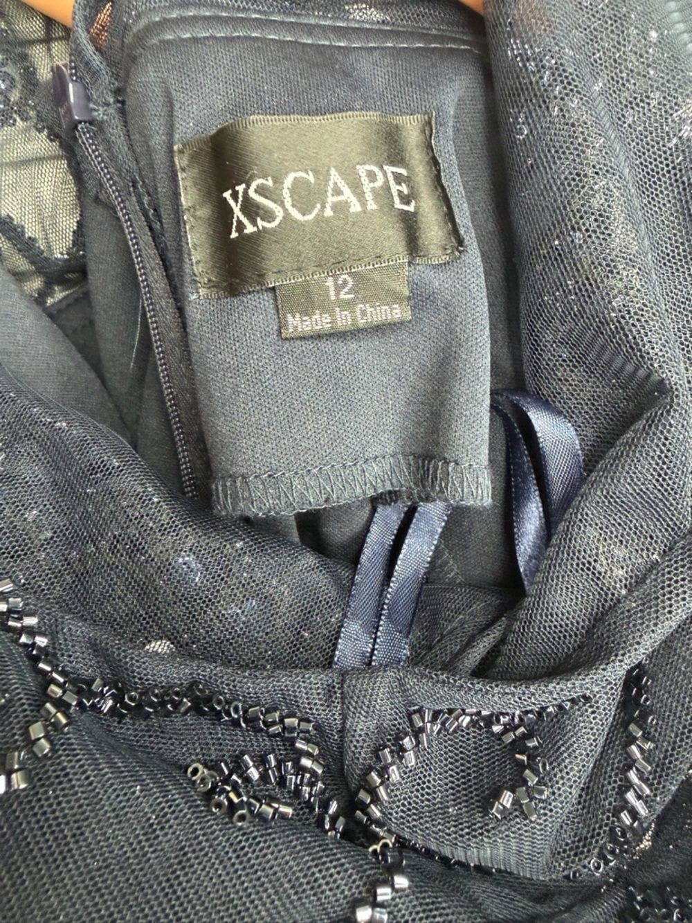 XSCAPE Dahlia Long Sheer Matte Jersey Beaded Top Dress coquette Navy Size 12 - Picture 12 of 15